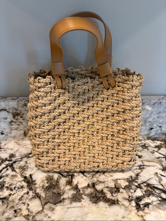Handbags - Woven Straw Tote Bag with Tan Leather Handles